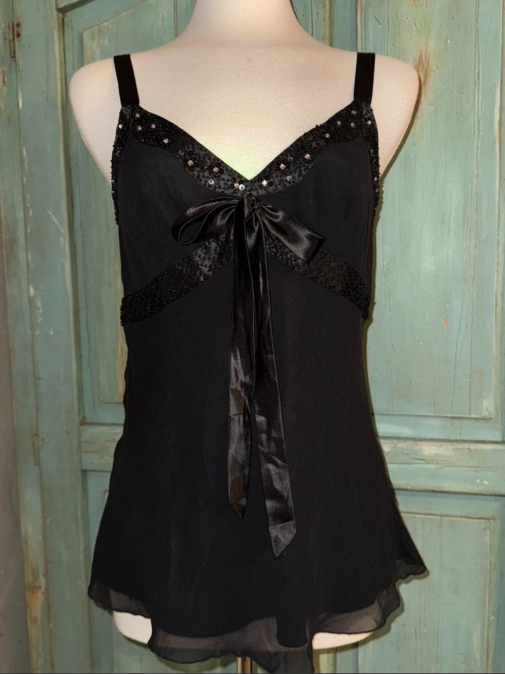 Cache Black Silk and Beaded Top.